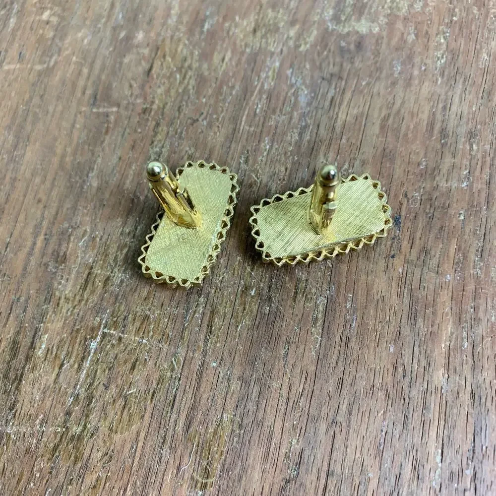 Vintage Retro Gold Tone Green Vomit Resin Filigree‎ Detail Cufflinks Cuff Links